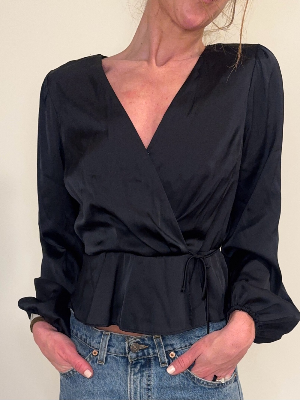Abercrombie Black Satin Wrap Peplum Blouse S NWT